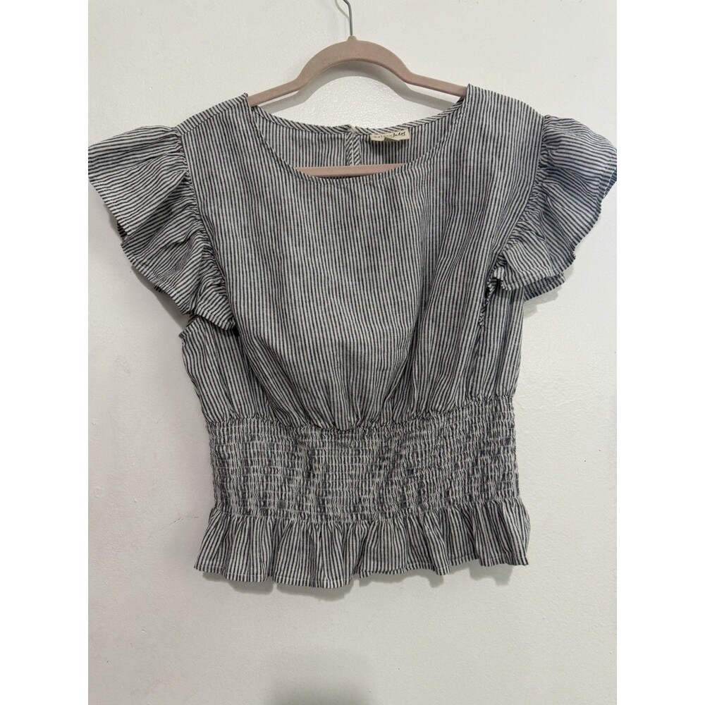 Maison Jules Womens Large Linen Cotton Smocked Peplum Top Navy White Stripe